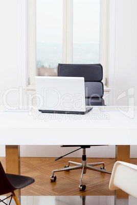 office workplace table and laptop white background architecture