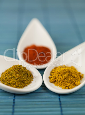 Dried ground spices in ceramic spoons