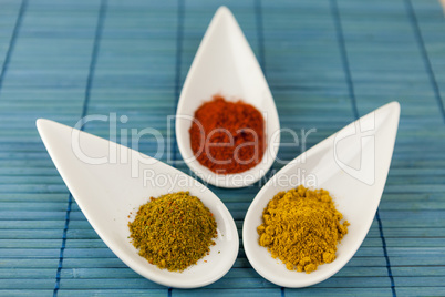 Dried ground spices in ceramic spoons