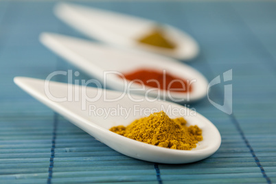 Dried ground spices in ceramic spoons