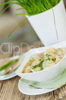 Dish of savory pork tortellini in broth pelmeni russian