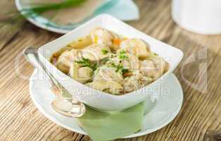 Dish of savory pork tortellini in broth pelmeni russian