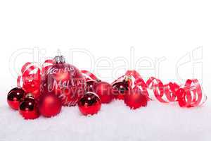 christmas decoration festive red bauble in snow isolated