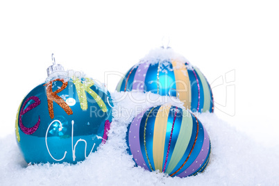 christmas decoration baubles in blue and turquoise isolated