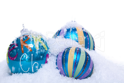 christmas decoration baubles in blue and turquoise isolated