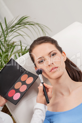 apllying powder rouge make up on face portrait