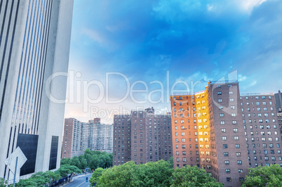 Brooklyn skyline from Brooklyn bridge at dusk, New York City - U