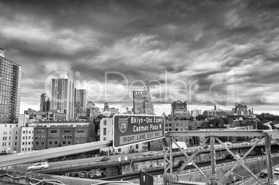 Brooklyn skyline from Brooklyn bridge at dusk, New York City - U