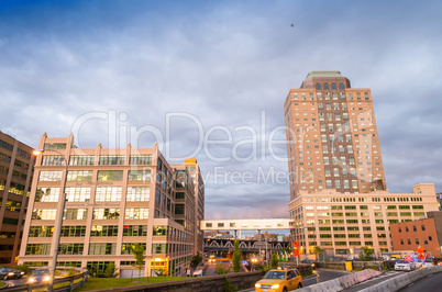 Brooklyn skyline from Brooklyn bridge at dusk, New York City - U