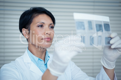 Female dentist looking at x-ray