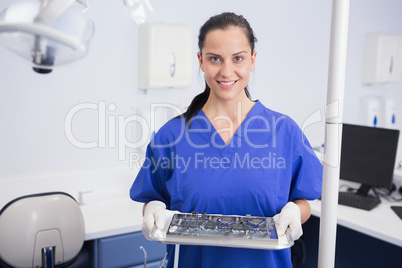 Portrait of a smiling dentist holding tray with equipment