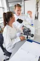 Young scientists working together with test tube