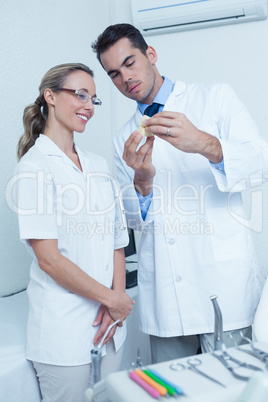 Dentists looking at mouth model