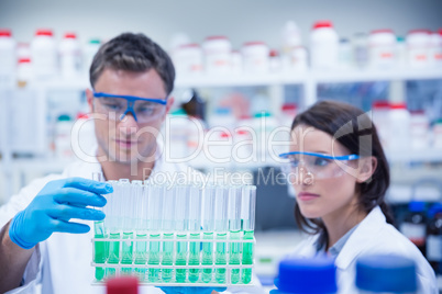 Chemist holding test tube tray with his colleague next to him