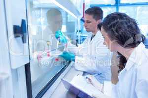 Science students using pipette in the lab