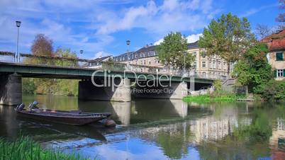 River and vintage boats in Bamberg, Germany, timelapse