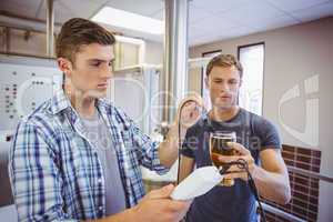 Two casual men testing beer in the beaker