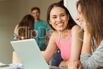 Smiling friends sitting using laptop