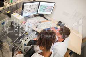 Biochemistry students using large microscope and computer