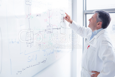 Focused scientist pointing equation on whiteboard