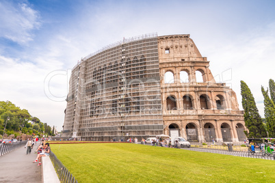 Facade of Colosseum in Rome with maintenance works