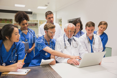 Medical students and professor using laptop