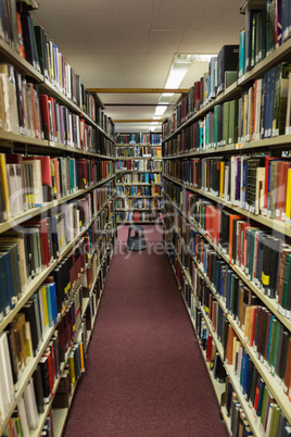 Volumes of books on bookshelf in library