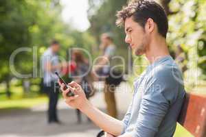 Handsome student sending a text outside