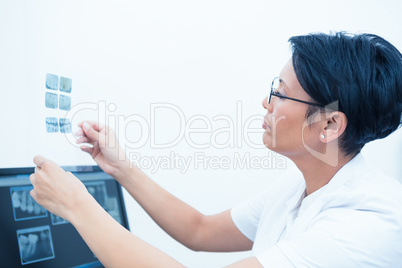 Concentrated female dentist looking at x-ray