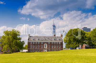 Governors Island with Manhattan skyline on background