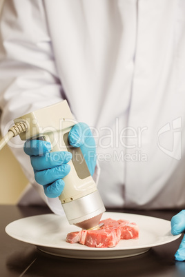 Food scientist using device on meat