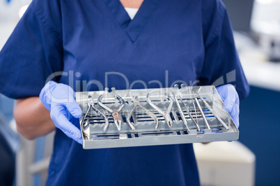 Dentist in blue scrubs holding tray of tools