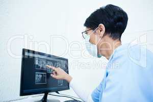 Female dentist looking at x-ray on computer