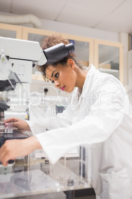 Pretty science student using microscope