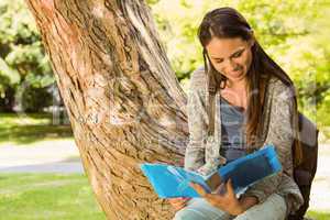 Smiling student sitting on trunk and reading book