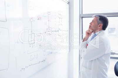Focused scientist looking equation on whiteboard