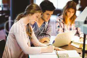 Focused classmates studying together and using laptop