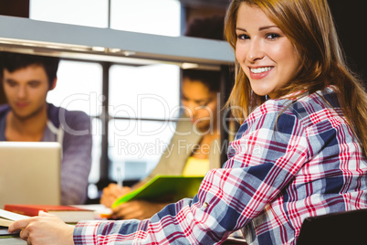 Portrait of a smiling student sitting at desk looking at camera