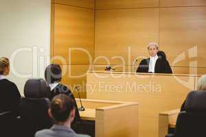 Unsmiling judge wearing wig with american flag behind him