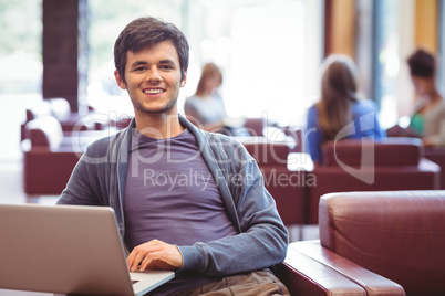 Happy young student sitting on couch using laptop