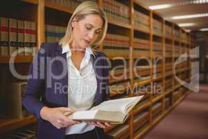 Serious librarian reading a book