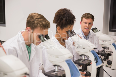 Medical students working with microscope