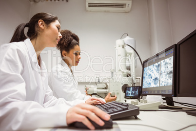 Science students looking at microscopic image on computer