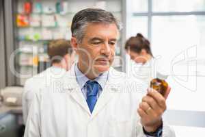 Senior pharmacist looking at medicine