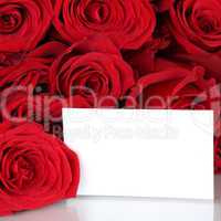 Rote Rosen zum Valentinstag oder Muttertag mit leerem Schild und
