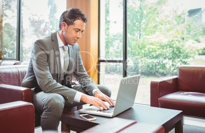 Cheerful handsome businessman working at laptop