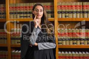 Pretty lawyer looking at camera in the law library