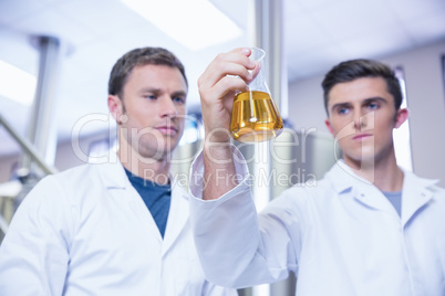 Two men in lab coat looking at the beaker with beer