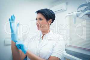 Dentist wearing surgical glove