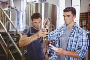 Two casual men testing beer